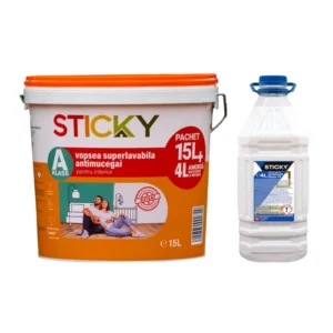 Vopsea lavabila interior, Sticky A Klass, antimucegai, alba, 15 L + amorsa 4 L